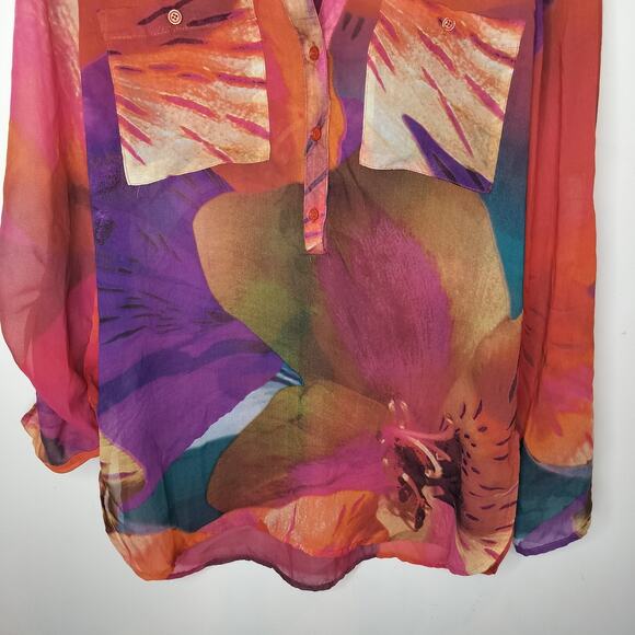 Covington Floral Blouse Tab Sleeve Sheer Watercolor Art to Wear - Picture 3 of 9